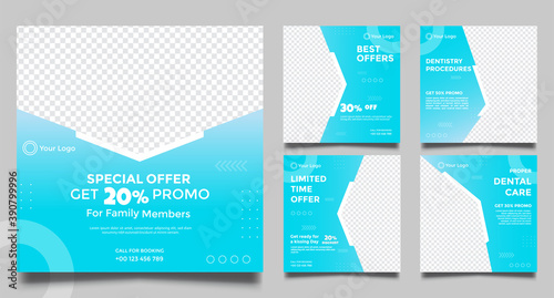 Dentist social media post templates. Medical promotion square web banner. Special offer banner. Sale and discount backgrounds. Vector illustration.