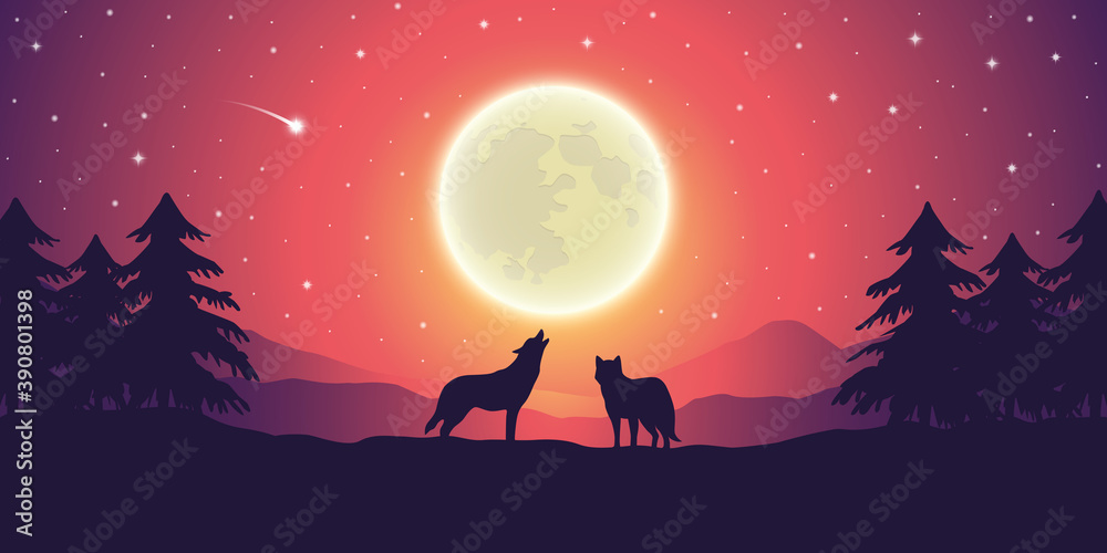 two wolves at purple mountain landscape with full moon and starry sky vector illustration EPS10