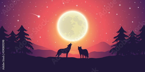 two wolves at purple mountain landscape with full moon and starry sky vector illustration EPS10