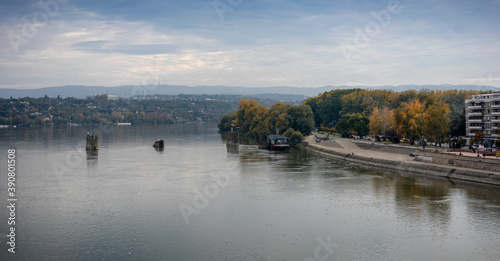 Beautiful autumn landscape, view of the Danube and Novi Sad rivers on a cloudy rainy day
