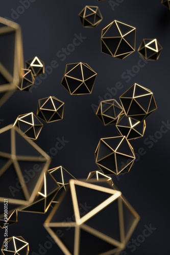 Abstract golden polyhedron particles background. 3d rendering - illustration.