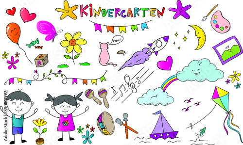 Fototapeta Naklejka Na Ścianę i Meble -  Rainbow Colourfull Doodle set or pattern ilustration at kindergarten school kids girl and boy. template for education kids on clothing web and certificate
