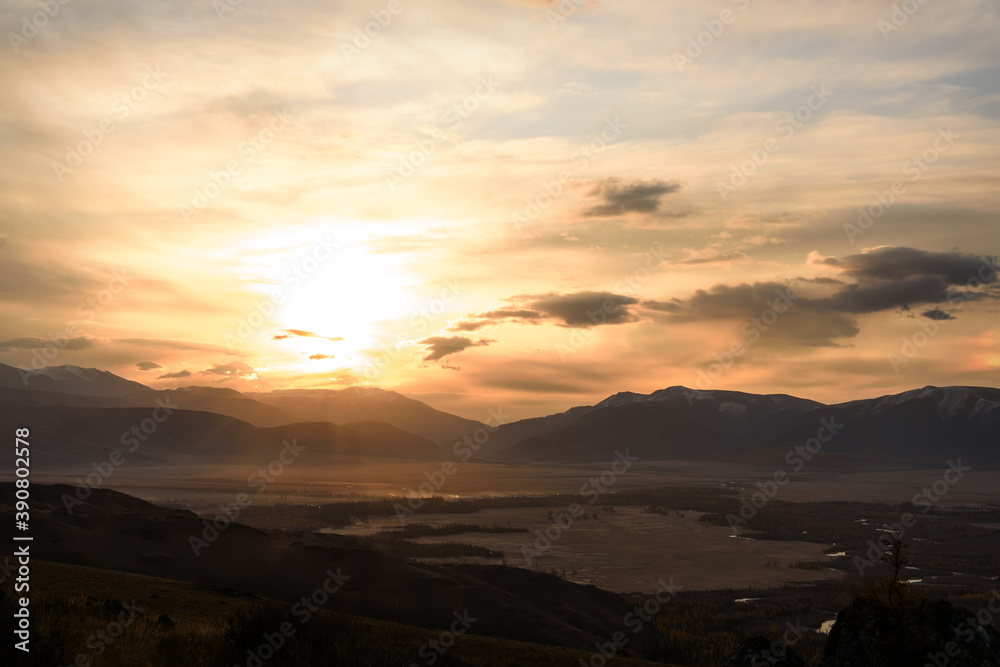 sun sunrise mountains steppe clouds sky