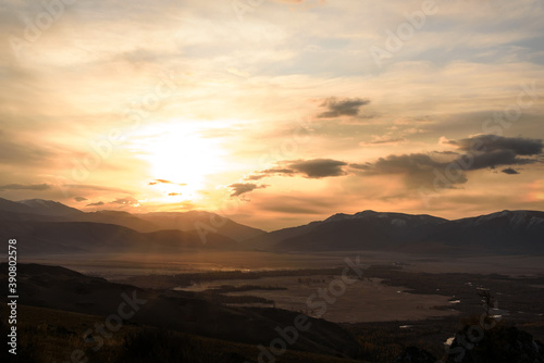 sun sunrise mountains steppe clouds sky