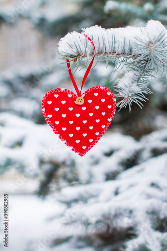 red heart on a tree in the snow