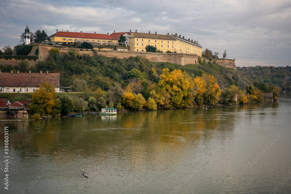 Historical Petrovaradin fortress in Serbia on the banks of the Danube, beautiful autumn landscape