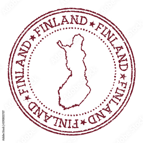 Finland round rubber stamp with country map. Vintage red passport stamp with circular text and stars, vector illustration.