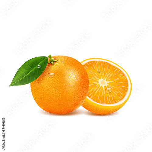 Orange fruit with green leaf and drops, on white background, sweet citrus, healthy food, candied fruits.