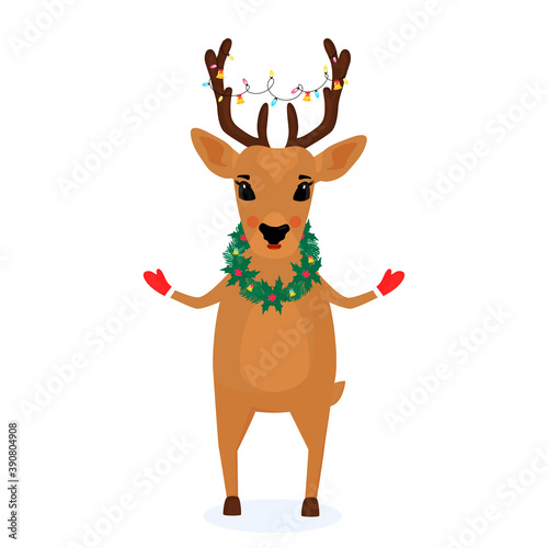 A deer with a wreath of spruce branches and mistletoe around the neck and a Christmas garland on the horns © LiluArt