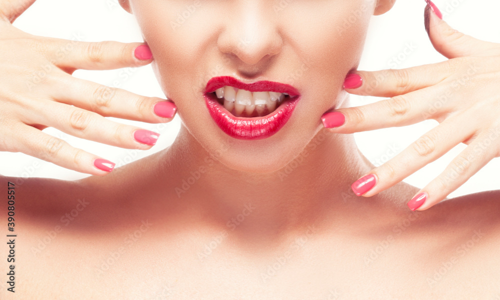 Beauty face, emotion, red lips make-up, woman with manicure part of portrait, Beauty face, emotion, red lips make-up, woman with manicure part of portrait,