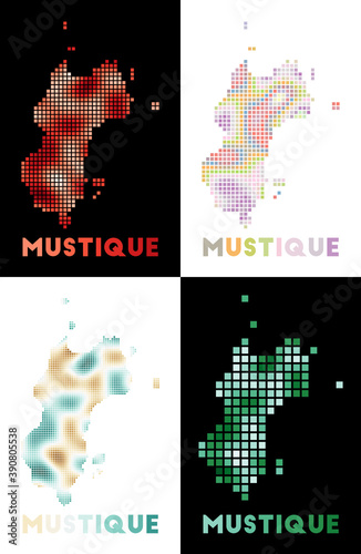 Mustique map. Collection of map of Mustique in dotted style. Borders of the island filled with rectangles for your design. Vector illustration.