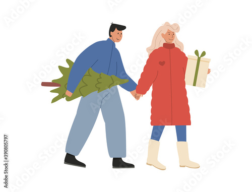 Isolated modern young couple carries a Christmas tree to home. Merry guy with fir tree. A girl with wrapped gift. Traditional Xmas celebration shopping. Holiday preparation. Vector flat illustration.