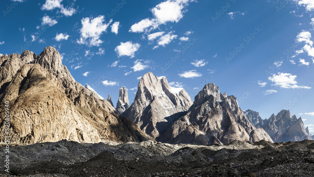 Great Trango Tower, mountain with sharp peak in Karakoram, K2 base camp trek, Pakistan	
