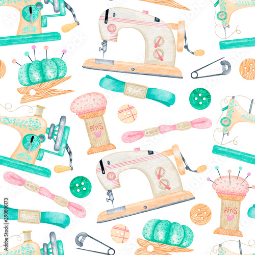 Watercolor seamless sewing pattern with spool of thread, scissors, sewing machine, buttons. Fashion illustration with dressmaking objects set, profession clothier. Perfect for textile, wrapping paper