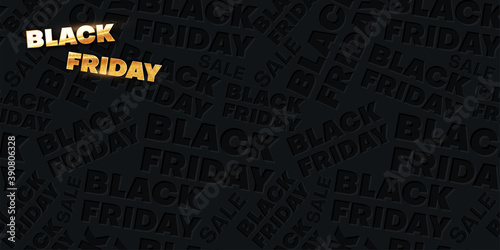 Gold lettering: Black Friday, on a black seamless pattern. Background for advertising banner or poster. Sale discounts. Realistic 3d vector design