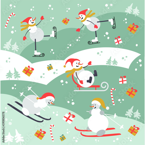 SNOWMEN SKI AND SKATE Pattern for New Year & Christmas, icon set. Vector illustration