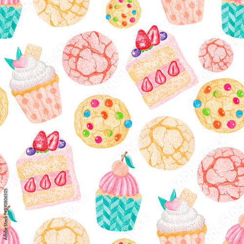 Watercolor Baking seamless patten. Vintage Cooking Illustration with milk, sugar, flour, eggs, supcakes, cookies, bowls, spoon, butter and kitchen dish. Kitchen utensils digital paper.