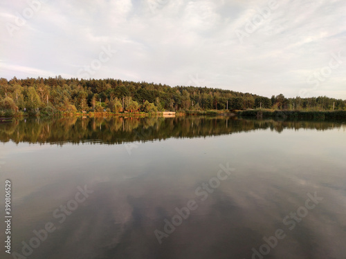 Lake and forest in sunset, picturesque wallpaper