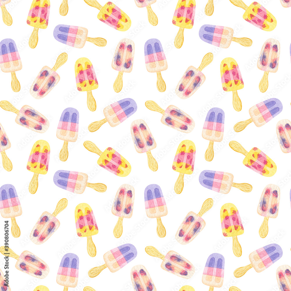 Watercolor Summer beach objects seamless pattern. Summertime tropical travel illustration