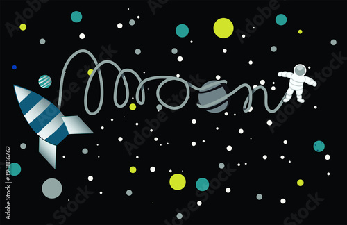 Colorful planets and spacewalking astronaut.