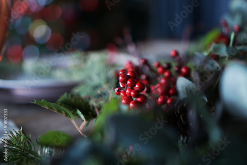 Rowan berries decor for Christmas party - blue  green and red colors