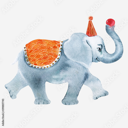 Watercolor illustration with circus animals and holiday paraphernalia