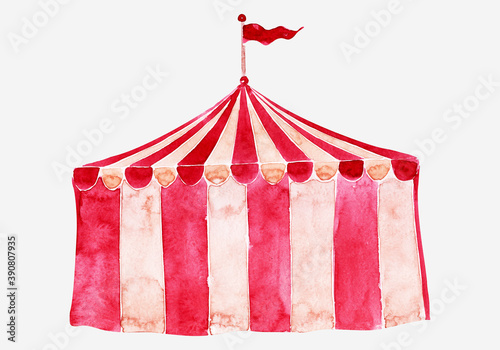Watercolor illustration with circus animals and holiday paraphernalia