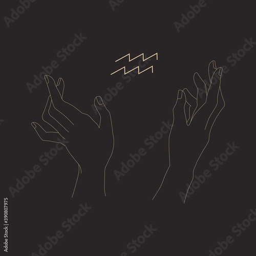 Woman magic hands with zodiac sign. Aquarius horoscope symbol and silhouette of hands. Vintage mystic vector illustration in outline style isolated on black background. Astrology or magic concept