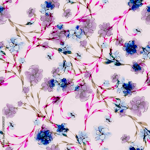 Garden flowers painting in watercolor. Floral seamless pattern on gray background.