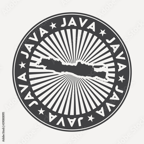 Java round logo. Vintage travel badge with the circular name and map of island, vector illustration. Can be used as insignia, logotype, label, sticker or badge of the Java.