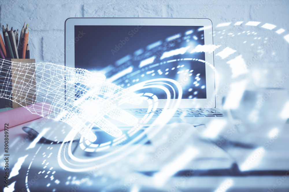 Double exposure of desktop with personal computer on background and tech theme drawing. Concept of Bigdata. Double exposure of desktop with personal computer on background and tech theme drawing. Concept of Bigdata.