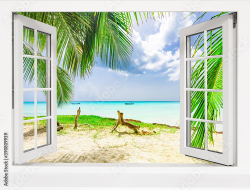 view from open window tropical landscape with ocean