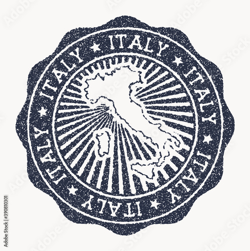 Italy stamp. Travel rubber stamp with the name and map of the country, vector illustration. Can be used as insignia, logotype, label, sticker or badge of Italy.