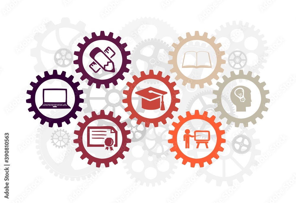 An education concept with gears, related with university and work, industrial education, clipart, education related illustration, graduation, diploma An education concept with gears, related with university and work, industrial education, clipart, education related illustration, graduation, diploma