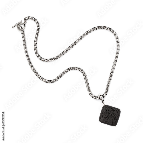 Women`s steel necklace and pendant with square black volcanic lava stone photo