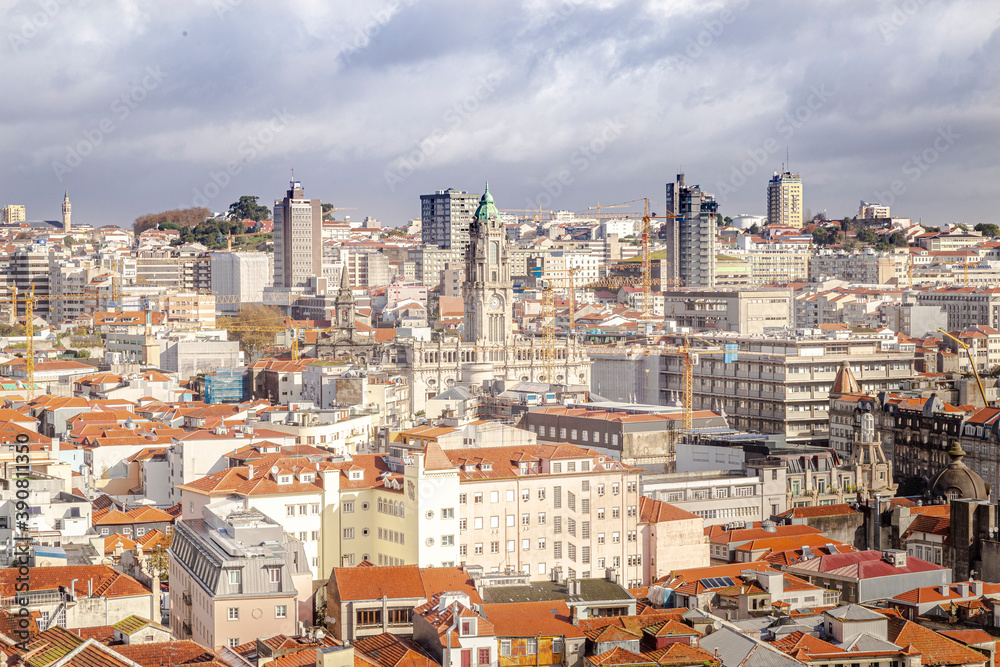 Top view of the city of Porto in Portugal. View of historic buildings and churches.