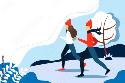Man and woman running in the Park. Cute winter vector illustration in flat style. 