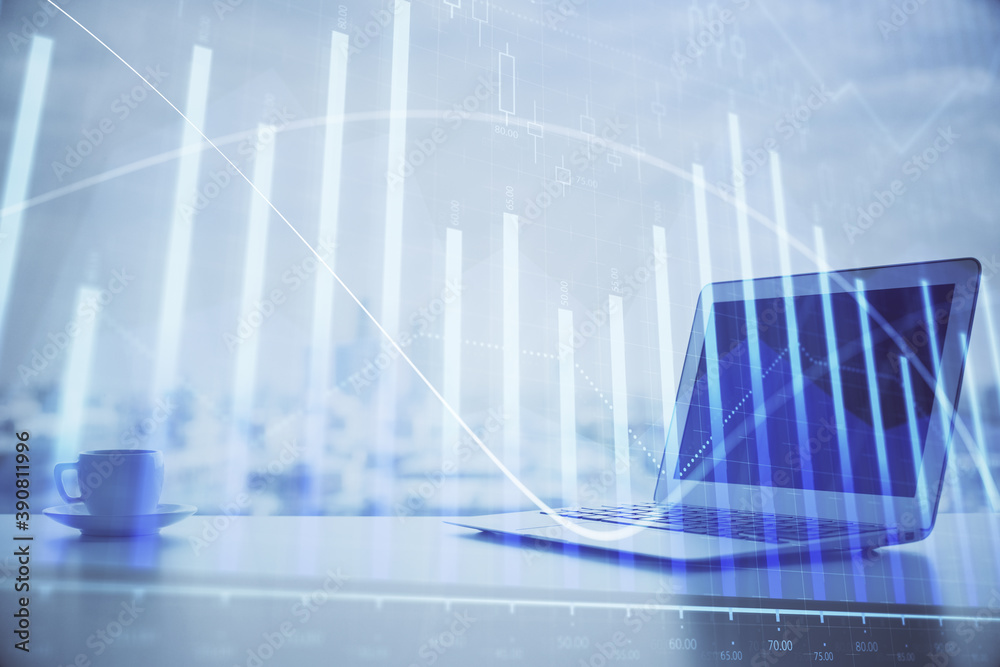 Forex graph hologram on table with computer background. Multi exposure. Concept of financial markets. Forex graph hologram on table with computer background. Multi exposure. Concept of financial markets.