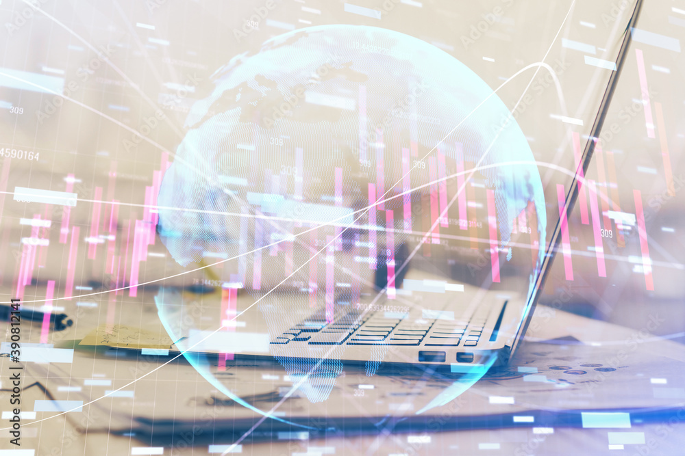 Forex market chart hologram and personal computer background. Double exposure. Concept of investment. Forex market chart hologram and personal computer background. Double exposure. Concept of investment.