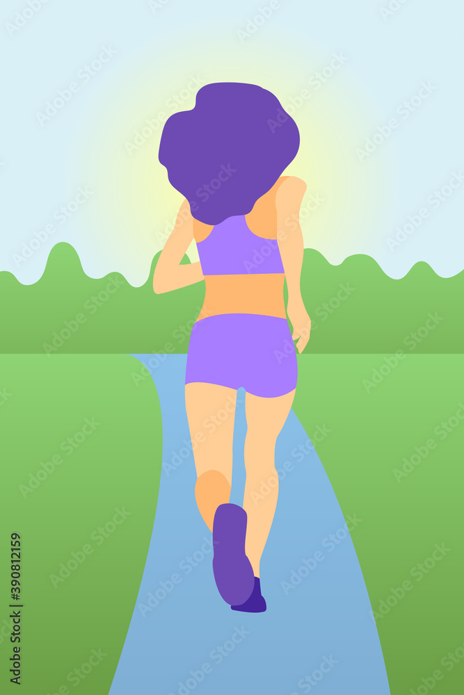 Beautiful slender girl going in for sports in purple clothes. Girl turned her back. Woman jogging along the path in the park.