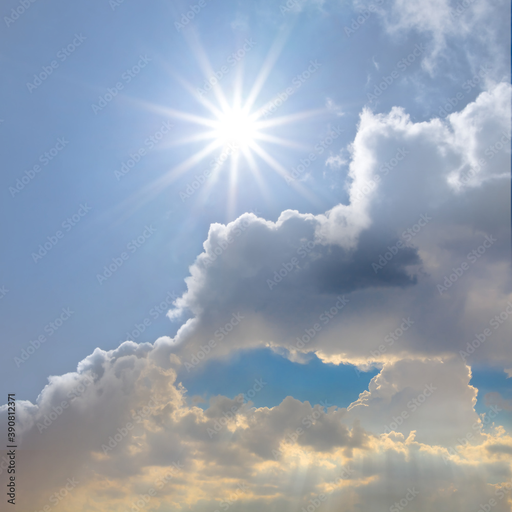 blue sky with cumulus clouds and sparkle sun, natural background - obrazy, fototapety, plakaty 