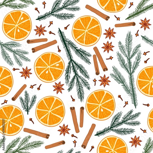 Christmas pattern decoration. Winter seamless pattern. Orange fruit slice, cinnamon, anise star, clove, fir-tree branch isolated on white background. Happy New Year design pattern