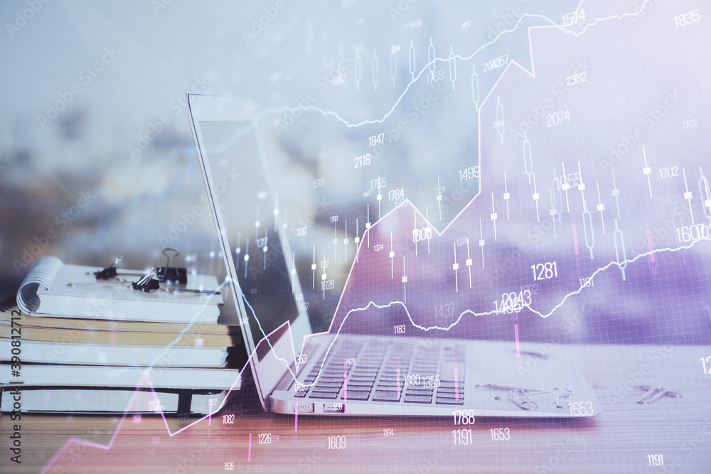 Stock market graph on background with desk and personal computer. Multi exposure. Concept of financial analysis. Stock market graph on background with desk and personal computer. Multi exposure. Concept of financial analysis.