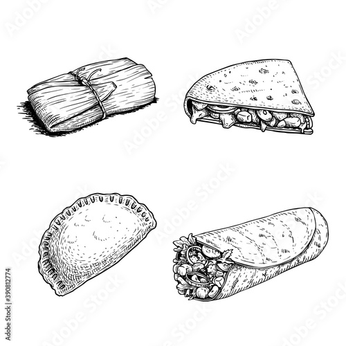 Mexican fast food set. Hand drawn sketch style. Tamales, Empanadas, Burritos and Quesadillas. Best for menu design and package. Vector illustrations isolated on white background.