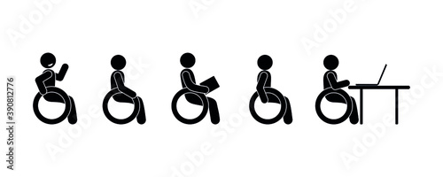 person sitting in wheelchair, different and poses of people, isolated stick figure pictograms, person with disability icon
