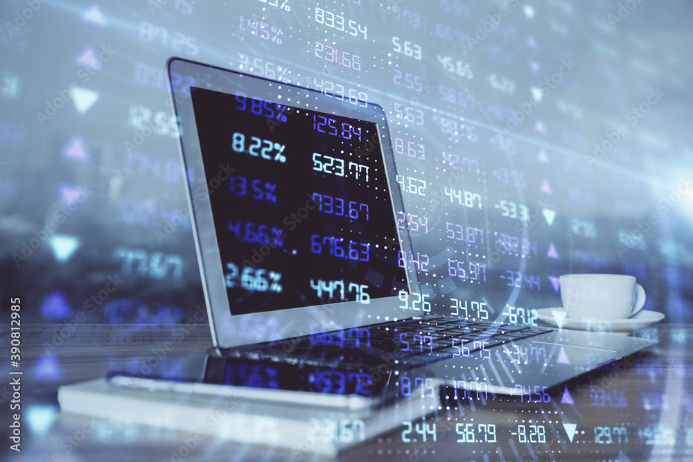 Stock market graph and table with computer background. Multi exposure. Concept of financial analysis. Stock market graph and table with computer background. Multi exposure. Concept of financial analysis.