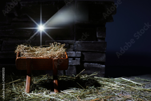 Fotografie Birth of Jesus. Christmas nativity scene. Manager and star.