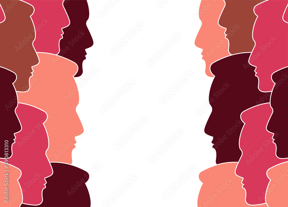 confrontation of people illustration, people look at each other, multicultural community, silhouettes of people on a white background