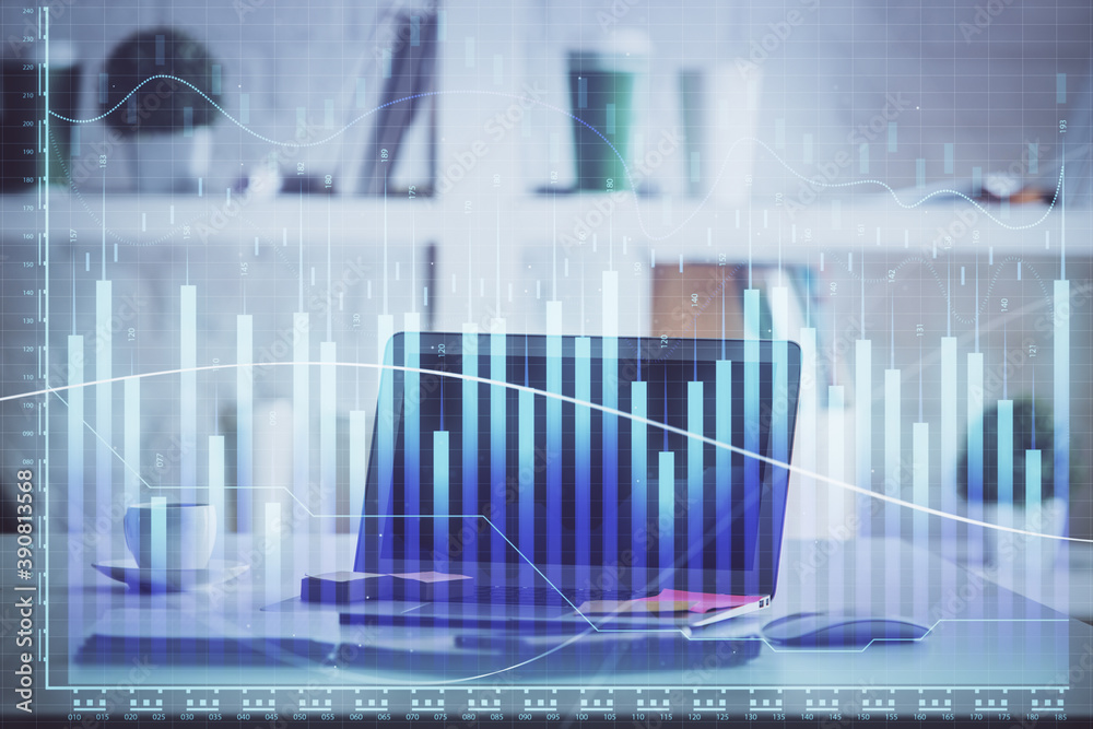 Stock market chart hologram drawn on personal computer background. Double exposure. Concept of investment. Stock market chart hologram drawn on personal computer background. Double exposure. Concept of investment.
