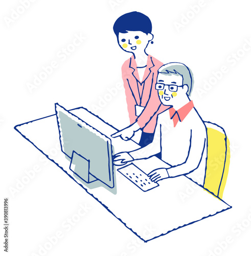 パソコンを教わる中年男性と講師